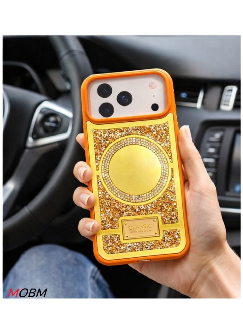 MOBM Case for iPhone 17 Pro Max Glitter Case with Mirror Design – Orange Luxury Rhinestone TPU Cover - Image 2